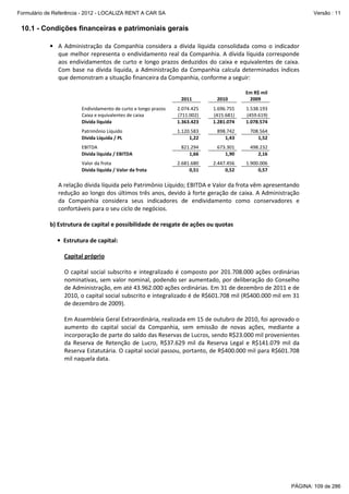 Formulário de Referência - 2012 - LOCALIZA RENT A CAR SA

Versão : 11

10.1 - Condições financeiras e patrimoniais gerais
• A Administração da Companhia considera a dívida líquida consolidada como o indicador
que melhor representa o endividamento real da Companhia. A dívida líquida corresponde
aos endividamentos de curto e longo prazos deduzidos do caixa e equivalentes de caixa.
Com base na dívida liquida, a Administração da Companhia calcula determinados índices
que demonstram a situação financeira da Companhia, conforme a seguir:

2011

2010

Em R$ mil
2009

Endividamento de curto e longo prazos
Caixa e equivalentes de caixa
Dívida líquida

2.074.425
(711.002)
1.363.423

1.696.755
(415.681)
1.281.074

1.538.193
(459.619)
1.078.574

Patrimônio Líquido
Dívida Líquida / PL

1.120.583
1,22

898.742
1,43

708.564
1,52

821.294
1,66

673.301
1,90

498.232
2,16

2.681.680
0,51

2.447.456
0,52

1.900.006
0,57

EBITDA
Dívida líquida / EBITDA
Valor da frota
Dívida líquida / Valor da frota

A relação dívida líquida pelo Patrimônio Líquido; EBITDA e Valor da frota vêm apresentando
redução ao longo dos últimos três anos, devido à forte geração de caixa. A Administração
da Companhia considera seus indicadores de endividamento como conservadores e
confortáveis para o seu ciclo de negócios.
b) Estrutura de capital e possibilidade de resgate de ações ou quotas
• Estrutura de capital:
Capital próprio
O capital social subscrito e integralizado é composto por 201.708.000 ações ordinárias
nominativas, sem valor nominal, podendo ser aumentado, por deliberação do Conselho
de Administração, em até 43.962.000 ações ordinárias. Em 31 de dezembro de 2011 e de
2010, o capital social subscrito e integralizado é de R$601.708 mil (R$400.000 mil em 31
de dezembro de 2009).
Em Assembleia Geral Extraordinária, realizada em 15 de outubro de 2010, foi aprovado o
aumento do capital social da Companhia, sem emissão de novas ações, mediante a
incorporação de parte do saldo das Reservas de Lucros, sendo R$23.000 mil provenientes
da Reserva de Retenção de Lucro, R$37.629 mil da Reserva Legal e R$141.079 mil da
Reserva Estatutária. O capital social passou, portanto, de R$400.000 mil para R$601.708
mil naquela data.

PÁGINA: 109 de 286

 