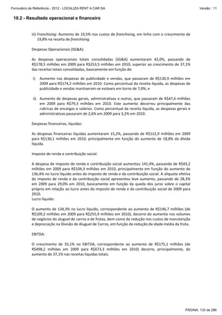 Formulário de Referência - 2012 - LOCALIZA RENT A CAR SA

Versão : 11

10.2 - Resultado operacional e financeiro
 
iii) Franchising: Aumento de 19,5% nos custos de franchising, em linha com o crescimento de 
19,8% na receita de franchising. 
 
Despesas Operacionais (SG&A): 
 
As  despesas  operacionais  totais  consolidadas  (SG&A)  aumentaram  42,0%,  passando  de 
R$178,5 milhões em 2009 para R$253,5 milhões em 2010, superior ao crescimento de 37,1% 
das receitas totais consolidadas, basicamente em função de: 
 

i)

Aumento  nas  despesas  de  publicidade  e  vendas,  que  passaram  de  R$130,9  milhões  em 
2009 para R$174,2 milhões em 2010. Como percentual da receita líquida, as despesas de 
publicidade e vendas mantiveram‐se estáveis em torno de 7,0%; e 
 
ii) Aumento de despesas gerais, administrativas e outras, que passaram de R$47,6 milhões 
em  2009  para  R$79,3  milhões  em  2010.  Este  aumento  decorreu  principalmente  das 
rubricas de encargos e salários. Como percentual da receita líquida, as despesas gerais e 
administrativas passaram de 2,6% em 2009 para 3,2% em 2010. 

 
Despesas financeiras, líquidas: 
 
As  despesas  financeiras  líquidas  aumentaram  15,2%,  passando  de  R$112,9  milhões  em  2009 
para  R$130,1  milhões  em  2010,  principalmente  em  função  do  aumento  de  18,8%  da  dívida 
líquida. 
 
Imposto de renda e contribuição social: 
 
A despesa de imposto de renda e contribuição social aumentou 141,4%, passando de R$43,2 
milhões em  2009 para R$104,3 milhões em 2010, principalmente em função  do aumento de 
136,4% no lucro líquido antes do imposto de renda e da contribuição social. A alíquota efetiva 
do  imposto  de  renda  e  da  contribuição  social  apresentou  leve  aumento,  passando  de  28,3% 
em  2009  para  29,0%  em  2010,  basicamente  em  função  da  queda  dos  juros  sobre  o  capital 
próprio em relação ao lucro antes do imposto de renda e da contribuição social de 2009 para 
2010.   
Lucro líquido: 
 
O aumento de 134,3% no lucro líquido, correspondente ao aumento de R$146,7 milhões (de 
R$109,2 milhões em 2009 para R$255,9 milhões em 2010), decorre do aumento nos volumes 
de negócios do aluguel de carros e de frotas, bem como da redução nos custos de manutenção 
e depreciação na Divisão de Aluguel de Carros, em função da redução da idade média da frota.  
 
EBITDA: 
 
O  crescimento  de  35,1%  no  EBITDA,  correspondente  ao  aumento  de  R$175,1  milhões  (de 
R$498,2  milhões  em  2009  para  R$673,3  milhões  em  2010)  decorre,  principalmente,  do 
aumento de 37,1% nas receitas líquidas totais.  
 

PÁGINA: 133 de 286

 