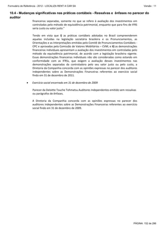 Formulário de Referência - 2012 - LOCALIZA RENT A CAR SA

Versão : 11

10.4 - Mudanças significativas nas práticas contábeis - Ressalvas e ênfases no parecer do
auditor
financeiras  separadas,  somente  no  que  se  refere  à  avaliação  dos  investimentos  em 
controladas pelo método de equivalência patrimonial, enquanto que para fins de IFRS 
seria custo ou valor justo.” 
 
Tendo  em  vista  que  i)  as  práticas  contábeis  adotadas  no  Brasil  compreenderem 
aquelas  incluídas  na  legislação  societária  brasileira  e  os  Pronunciamentos,  as 
Orientações e as Interpretações emitidas pelo Comitê de Pronunciamentos Contábeis ‐ 
CPC e aprovadas pela Comissão de Valores Mobiliários – CVM; e ii) as demonstrações 
financeiras individuais apresentam a avaliação dos investimentos em controladas pelo 
método  da  equivalência  patrimonial,  de  acordo  com  a  legislação  brasileira  vigente. 
Essas  demonstrações  financeiras  individuais  não  são  consideradas  como  estando  em 
conformidade  com  as  IFRSs,  que  exigem  a  avaliação  desses  investimentos  nas 
demonstrações  separadas  da  controladora  pelo  seu  valor  justo  ou  pelo  custo,  a 
Diretoria da Companhia concorda com as opiniões expressas no parecer dos auditores 
independentes  sobre  as  Demonstrações  Financeiras  referentes  ao  exercício  social 
findo em 31 de dezembro de 2011. 
 
•

Exercício social encerrado em 31 de dezembro de 2009 
 
Parecer da Deloitte Touche Tohmatsu Auditores Independentes emitido sem ressalvas 
ou parágrafos de ênfases. 
 
A  Diretoria  da  Companhia  concorda  com  as  opiniões  expressas  no  parecer  dos 
auditores independentes sobre as Demonstrações Financeiras referentes ao exercício 
social findo em 31 de dezembro de 2009. 

 

PÁGINA: 152 de 286

 