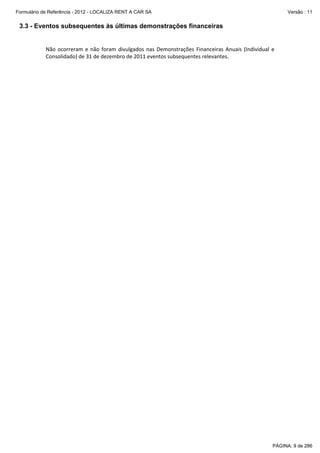 Formulário de Referência - 2012 - LOCALIZA RENT A CAR SA

Versão : 11

3.3 - Eventos subsequentes às últimas demonstrações financeiras
 
Não  ocorreram  e  não  foram  divulgados  nas  Demonstrações  Financeiras  Anuais  (Individual  e 
Consolidado) de 31 de dezembro de 2011 eventos subsequentes relevantes. 

PÁGINA: 9 de 286

 