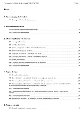 Formulário de Referência - 2012 - LOCALIZA RENT A CAR SA

Versão : 11

Índice

1. Responsáveis pelo formulário
1.1 - Declaração e Identificação dos responsáveis

1

2. Auditores independentes
2.1/2.2 - Identificação e remuneração dos Auditores

2

2.3 - Outras informações relevantes

4

3. Informações financ. selecionadas
3.1 - Informações Financeiras

5

3.2 - Medições não contábeis

6

3.3 - Eventos subsequentes às últimas demonstrações financeiras

9

3.4 - Política de destinação dos resultados

10

3.5 - Distribuição de dividendos e retenção de lucro líquido

12

3.6 - Declaração de dividendos à conta de lucros retidos ou reservas

13

3.7 - Nível de endividamento

14

3.8 - Obrigações de acordo com a natureza e prazo de vencimento

15

3.9 - Outras informações relevantes

16

4. Fatores de risco
4.1 - Descrição dos fatores de risco

17

4.2 - Comentários sobre expectativas de alterações na exposição aos fatores de risco

22

4.3 - Processos judiciais, administrativos ou arbitrais não sigilosos e relevantes

23

4.4 - Processos judiciais, administrativos ou arbitrais não sigilosos cujas partes contrárias sejam administradores,
ex-administradores, controladores, ex-controladores ou investidores

32

4.5 - Processos sigilosos relevantes

33

4.6 - Processos judiciais, administrativos ou arbitrais repetitivos ou conexos, não sigilosos e relevantes em
conjunto

34

4.7 - Outras contingências relevantes

39

4.8 - Regras do país de origem e do país em que os valores mobiliários estão custodiados

40

5. Risco de mercado
5.1 - Descrição dos principais riscos de mercado

41

 