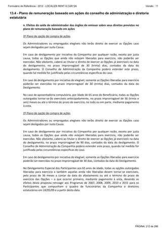 Formulário de Referência - 2012 - LOCALIZA RENT A CAR SA

Versão : 11

13.4 - Plano de remuneração baseado em ações do conselho de administração e diretoria
estatutária
n. Efeitos da saída do administrador dos órgãos do emissor sobre seus direitos previstos no 
plano de remuneração baseado em ações 
 
3º Plano de opção de compra de ações 
 
Os  Administradores  ou  empregados  elegíveis  não  terão  direito  de  exercer  as  Opções  caso 
sejam desligados por Justa Causa.  
 
Em  caso  de  desligamento  por  iniciativa  da  Companhia  por  qualquer  razão,  exceto  por  justa 
causa,  todas  as  Opções  que  ainda  não  estejam  liberadas  para  exercício,  não  poderão  ser 
exercidas. Não obstante, caberá ao titular o direito de exercer as Opções já exercíveis na data 
do  desligamento,  no  prazo  improrrogável  de  30  (trinta)  dias,  contados  da  data  do 
desligamento.  O  Conselho  de  Administração  da  Companhia  poderá  estender  este  prazo, 
quando tal medida for justificada pelas circunstâncias específicas do caso. 
 
Em caso de desligamento por iniciativa do elegível, somente as Opções liberadas para exercício 
poderão  ser  exercidas  no  prazo  improrrogável  de  30  (trinta)  dias,  contados  da  data  do 
Desligamento. 
 
No caso de aposentadoria compulsória, por idade de 65 anos do Beneficiário, todas as Opções 
outorgadas  tornar‐se‐ão  exercíveis  antecipadamente,  no  prazo  improrrogável  de  36  (trinta  e 
seis) meses ou até o término do prazo de exercício, no todo ou em parte, mediante pagamento 
à vista. 
 
2º Plano de opção de compra de ações 
 
Os  Administradores  ou  empregados  elegíveis  não  terão  direito  de  exercer  as  Opções  caso 
sejam desligados por Justa Causa.  
 
Em  caso  de  desligamento  por  iniciativa  da  Companhia  por  qualquer  razão,  exceto  por  justa 
causa,  todas  as  Opções  que  ainda  não  estejam  liberadas  para  exercício,  não  poderão  ser 
exercidas. Não obstante, caberá ao titular o direito de exercer as Opções já exercíveis na data 
do  desligamento,  no  prazo  improrrogável  de  90  dias,  contados  da  data  do  desligamento.  O 
Conselho de Administração da Companhia poderá estender este prazo, quando tal medida for 
justificada pelas circunstâncias específicas do caso. 
 
Em caso de desligamento por iniciativa do elegível, somente as Opções liberadas para exercício 
poderão ser exercidas no prazo improrrogável de 30 dias, contados da data do Desligamento. 
 
No Desligamento Especial dos Participantes aos 65 anos de idade, todas as opções outorgadas 
liberadas  para  exercício  e  também  aquelas  ainda  não  liberadas  devem  tornar‐se  exercíveis, 
pelo  prazo  de  36  meses  a  contar  da  data  do  afastamento  ou  até  o  término  do  prazo  de 
exercício  das  Opções  –  o  que  ocorrer  primeiro,  mediante  pagamento  à  vista,  devendo  os 
efeitos  desta  proposta  retroagir  aos  Programas  de  2007,  2008,  2009,  2010  e  2011  para  os 
Participantes  que  compunham  o  quadro  de  funcionários  da  Companhia  e  diretores 
estatutários em 24/05/09 e a partir desta data. 
 
 
 

PÁGINA: 212 de 286

 