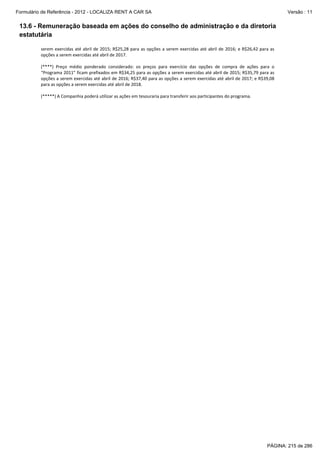 Formulário de Referência - 2012 - LOCALIZA RENT A CAR SA

Versão : 11

13.6 - Remuneração baseada em ações do conselho de administração e da diretoria
estatutária
serem  exercidas  até  abril  de  2015;  R$25,28  para  as  opções  a  serem  exercidas  até  abril  de  2016;  e  R$26,42  para  as 
opções a serem exercidas até abril de 2017. 
 
(****)  Preço  médio  ponderado  considerado:  os  preços  para  exercício  das  opções  de  compra  de  ações  para  o 
“Programa 2011” ficam prefixados em R$34,25 para as opções a serem exercidas até abril de 2015; R$35,79 para as 
opções a serem exercidas até abril de 2016; R$37,40 para as opções a serem exercidas até abril de 2017; e R$39,08 
para as opções a serem exercidas até abril de 2018. 
 
(*****) A Companhia poderá utilizar as ações em tesouraria para transferir aos participantes do programa.  
 

PÁGINA: 215 de 286

 