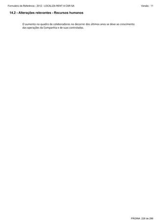 Formulário de Referência - 2012 - LOCALIZA RENT A CAR SA

Versão : 11

14.2 - Alterações relevantes - Recursos humanos
 
O aumento no quadro de colaboradores no decorrer dos últimos anos se deve ao crescimento 
das operações da Companhia e de suas controladas. 
 

PÁGINA: 228 de 286

 