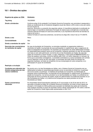 Formulário de Referência - 2012 - LOCALIZA RENT A CAR SA

Versão : 11

18.1 - Direitos das ações

Espécie de ações ou CDA

Ordinária

Tag along

100,000000

Direito a dividendos

Conforme artigo 24 do parágrafo 3 do Estatuto Social da Companhia, aos acionistas é assegurado o
direito ao recebimento de um dividendo obrigatório anual não inferior a 25% (vinte e cinco por cento)
do lucro líquido do
exercício, diminuído ou acrescido dos seguintes valores: (i) importância destinada à constituição da
reserva legal; (ii) importância destinada à formação de reserva para contingências e reversão das
mesmas reservas formadas em exercícios anteriores; e (iii) importância decorrente da reversão da
reserva de lucros a
realizar formada em exercícios anteriores, nos termos do artigo 202, inciso II da Lei nº 6.404/76.

Direito a voto

Pleno

Conversibilidade

Não

Direito a reembolso de capital

Sim

Descrição das características
do reembolso de capital

No caso de liquidação da Companhia, os acionistas receberão os pagamentos relativos a
reembolso do capital, na proporção de suas participações no capital social, após o pagamento de
todas as obrigações da Companhia. Os acionistas que dissentirem de certas deliberações tomadas
em assembleia geral poderão retirar-se da Companhia, mediante reembolso do valor de suas ações
com base no seu valor patrimonial, nos termos da Lei das Sociedades por Ações. No caso das
ações da Companhia (i) terem liquidez, ou seja, integrarem o índice geral da BM&FBOVESPA ou o
índice de qualquer outra bolsa, conforme definido pela CVM, e (ii) terem dispersão no mercado, de
forma que os acionistas controladores, a sociedade controladora ou outras sociedades sob controle
comum detenham menos de 50% das ações, os acionistas não terão direito de retirada nas
seguintes hipóteses: (a) fusão da companhia; (b) sua incorporação em outra companhia; e (c)
participação em grupo de sociedades.

Restrição a circulação

Não

Condições para alteração dos
direitos assegurados por tais
valores mobiliários

De acordo com a Lei das Sociedades por Ações, nem o Estatuto Social da Companhia nem as
deliberações tomadas em assembleia geral podem privar os acionistas do direito de: (i) participar
dos lucros sociais; (ii) participar, na hipótese de liquidação da Companhia, da distribuição de
quaisquer ativos remanescentes, na proporção de sua participação no capital social; (iii) fiscalizar a
gestão da Companhia, nos termos previstos na Lei das Sociedades por Ações; (iv) preferência na
subscrição de futuros aumentos de capital, exceto em determinadas circunstâncias previstas na Lei
das Sociedades por Ações; e (v) retirar-se da Companhia nos casos previstos na Lei das
Sociedades por Ações.

Outras características
relevantes

Em Assembleia Geral Extraordinária realizada em 2ª convocação no dia 25 de abril de 2012, foi
aprovada a inclusão do Artigo 38 no Estatuto Social da Companhia, de modo a incluir regras que
prevejam a formulação de oferta pública para aquisição da totalidade das ações da Companhia,
caso qualquer acionista ou grupo de acionistas venha a atingir participação de 15% sobre o total de
ações da Companhia. Essas regras estão apresentadas no item 18.2.

PÁGINA: 254 de 286

 