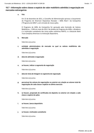 Formulário de Referência - 2012 - LOCALIZA RENT A CAR SA

Versão : 11

18.7 - Informação sobre classe e espécie de valor mobiliário admitida à negociação em
mercados estrangeiros
 
a.

País 
 
Em 15 de dezembro de 2011, o Conselho de Administração aprovou o lançamento 
do  Programa  de  American  Depositary  Receipts  –  ADRs  Nível  I  da  Companhia 
(“Programa de ADRs”), sem emissão de novas ações. 
 
O  Programa  de  ADRs  da  Companhia  foi  aprovado  pela  Comissão  de  Valores 
Mobiliários – CVM em maio de 2012. No âmbito do Programa de ADRs, o Bradesco 
é  a  instituição  custodiante  das  nossa  ações  ordinárias  RENT3,  e  o  Deutsche  Bank 
Trust Company Americas é a instituição depositária. 

b.

Mercado 
 
Vide letra (a) acima 

c.

entidade  administradora  do  mercado  no  qual  os  valores  mobiliários  são 
admitidos à negociação 
 
Vide letra (a) acima 

d.

data de admissão à negociação  
 
Vide letra (a) acima 

e.

se houver, indicar o segmento de negociação 
 
Vide letra (a) acima 

f.

data de início de listagem no segmento de negociação 
 
Vide letra (a) acima 
 
percentual do volume de negociações no exterior em relação ao volume total de 
negociações de cada classe e espécie no último exercício  
 
Vide letra (a) acima 

 

 

 

 

 

g.

 
h.

se houver, proporção de certificados de depósito no exterior em relação a cada 
classe e espécie de ações 
 
Vide letra (a) acima 

i.

se houver, banco depositário 
 
Vide letra (a) acima 

j.

se houver, instituição custodiante 
 
Vide letra (a) acima 

 

 

PÁGINA: 265 de 286

 