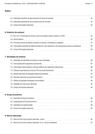 Formulário de Referência - 2012 - LOCALIZA RENT A CAR SA

Versão : 11

Índice

5.2 - Descrição da política de gerenciamento de riscos de mercado

45

5.3 - Alterações significativas nos principais riscos de mercado

52

5.4 - Outras informações relevantes

53

6. Histórico do emissor
6.1 / 6.2 / 6.4 - Constituição do emissor, prazo de duração e data de registro na CVM

54

6.3 - Breve histórico

55

6.5 - Principais eventos societários ocorridos no emissor, controladas ou coligadas

57

6.6 - Informações de pedido de falência fundado em valor relevante ou de recuperação judicial ou extrajudicial

58

6.7 - Outras informações relevantes

59

7. Atividades do emissor
7.1 - Descrição das atividades do emissor e suas controladas

60

7.2 - Informações sobre segmentos operacionais

67

7.3 - Informações sobre produtos e serviços relativos aos segmentos operacionais

68

7.4 - Clientes responsáveis por mais de 10% da receita líquida total

80

7.5 - Efeitos relevantes da regulação estatal nas atividades

81

7.6 - Receitas relevantes provenientes do exterior

83

7.7 - Efeitos da regulação estrangeira nas atividades

84

7.8 - Relações de longo prazo relevantes

85

7.9 - Outras informações relevantes

89

8. Grupo econômico
8.1 - Descrição do Grupo Econômico

90

8.2 - Organograma do Grupo Econômico

93

8.3 - Operações de reestruturação

94

8.4 - Outras informações relevantes

95

9. Ativos relevantes
9.1 - Bens do ativo não-circulante relevantes - outros

96

9.1 - Bens do ativo não-circulante relevantes / 9.1.a - Ativos imobilizados

97

 