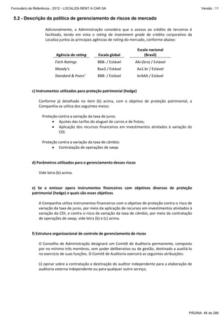 Formulário de Referência - 2012 - LOCALIZA RENT A CAR SA

Versão : 11

5.2 - Descrição da política de gerenciamento de riscos de mercado
Adicionalmente,  a  Administração  considera  que  o  acesso  ao  crédito  de  terceiros  é 
facilitado,  tendo  em  vista  o  rating  de  investment  grade  de  crédito  corporativo  da 
Localiza juntos às principais agências de rating do mercado, conforme abaixo: 
 
Escala nacional 
Agência de rating    Escala global   
(Brasil) 
 

 

Fitch Ratings  

 

 

BBB‐ / Estável 

 

 

 

AA+(bra) / Estável 

 

 

 

 

 

Moody’s  

 

Baa3 / Estável 

 

Aa1.br / Estável 

 

 

 

 

 

Standard & Poors’ 

 

BBB‐ / Estável 

 

brAAA / Estável 

 
 
c) Instrumentos utilizados para proteção patrimonial (hedge) 
 
Conforme  já  detalhado  no  item  (b)  acima,  com  o  objetivo  de  proteção  patrimonial,  a 
Companhia se utiliza dos seguintes meios: 
 
Proteção contra a variação da taxa de juros: 
• Ajustes das tarifas do aluguel de carros e de frotas; 
• Aplicação  dos  recursos  financeiros  em  investimentos  atrelados  à  variação  do 
CDI. 
 
Proteção contra a variação da taxa de câmbio: 
• Contratação de operações de swap. 
 
 
d) Parâmetros utilizados para o gerenciamento desses riscos 
 
Vide letra (b) acima. 
 
 
e)  Se  o  emissor  opera  instrumentos  financeiros  com  objetivos  diversos  de  proteção 
patrimonial (hedge) e quais são esses objetivos 
 
A Companhia utiliza instrumentos financeiros com o objetivo de proteção contra o risco de 
variação da taxa de juros, por meio da aplicação de recursos em investimentos atrelados à 
variação do CDI, e contra o risco da variação da taxa de câmbio, por meio da contratação 
de operações de swap, vide letra (b) e (c) acima. 
 
 
f) Estrutura organizacional de controle de gerenciamento de riscos 
 
O  Conselho  de  Administração  designará  um  Comitê  de  Auditoria  permanente,  composto 
por no mínimo três membros, sem poder deliberativo ou de gestão, destinado a auxiliá‐lo 
no exercício de suas funções. O Comitê de Auditoria exercerá as seguintes atribuições: 
 
(i) opinar sobre a contratação e destinação do auditor independente para a elaboração de 
auditoria externa independente ou para qualquer outro serviço; 
 

PÁGINA: 48 de 286

 