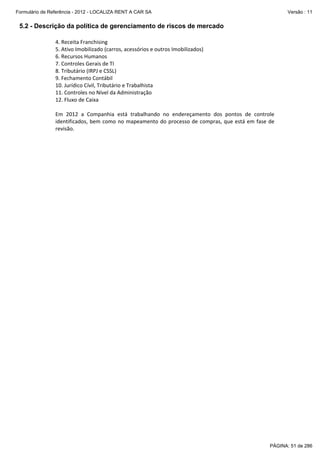 Formulário de Referência - 2012 - LOCALIZA RENT A CAR SA

Versão : 11

5.2 - Descrição da política de gerenciamento de riscos de mercado
4. Receita Franchising 
5. Ativo Imobilizado (carros, acessórios e outros Imobilizados) 
6. Recursos Humanos 
7. Controles Gerais de TI 
8. Tributário (IRPJ e CSSL) 
9. Fechamento Contábil 
10. Jurídico Cívil, Tributário e Trabalhista 
11. Controles no Nível da Administração 
12. Fluxo de Caixa 
 
Em  2012  a  Companhia  está  trabalhando  no  endereçamento  dos  pontos  de  controle 
identificados,  bem  como  no  mapeamento  do  processo  de  compras,  que  está  em  fase  de 
revisão.   
 
 

PÁGINA: 51 de 286

 