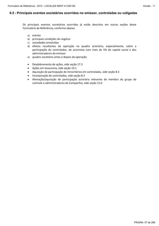 Formulário de Referência - 2012 - LOCALIZA RENT A CAR SA

Versão : 11

6.5 - Principais eventos societários ocorridos no emissor, controladas ou coligadas
 
Os  principais  eventos  societários  ocorridos  já  estão  descritos  em  outras  seções  deste 
Formulário de Referência, conforme abaixo: 
 
a) evento 
b) principais condições do negócio 
c) sociedades envolvidas 
d) efeitos  resultantes  da  operação  no  quadro  acionário,  especialmente,  sobre  a 
participação  do  controlador,  de  acionistas  com  mais  de  5%  do  capital  social  e  dos 
administradores do emissor 
e) quadro societário antes e depois da operação 
 
• Desdobramento de ações, vide seção 17.3 
• Ações em tesouraria, vide seção 19.1 
• Aquisição de participação de minoritários em controladas, vide seção 8.3 
• Incorporação de controladas, vide seção 8.3 
• Alienação/aquisição  de  participação  acionária  relevante  de  membro  do  grupo  de 
controle e administradores da Companhia, vide seção 15.6 
 

PÁGINA: 57 de 286

 