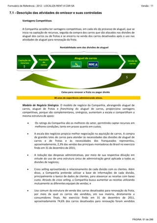 Formulário de Referência - 2012 - LOCALIZA RENT A CAR SA

Versão : 11

7.1 - Descrição das atividades do emissor e suas controladas
Vantagens Competitivas 
A Companhia acredita ter vantagens competitivas, em cada elo do processo de aluguel, que se 
inicia na captação de recursos, seguida da compra dos carros que são alocados nas divisões de 
aluguel dos carros ou de frotas e se encerra na venda dos carros desativados após o uso nas 
atividades de aluguel para renovação da frota.  
 
Rentabilidade vem das divisões de aluguel

Captação de 
recursos

$

Aquisição
de
carros

Aluguel de carros
Venda de
carros

$

Caixa para renovar a frota ou pagar dívida
38 anos de experiência administrando ativos.

 
Modelo  de  Negócio  Sinérgico.  O  modelo  de  negócio  da  Companhia,  abrangendo  aluguel  de 
carros,  aluguel  de  frotas  e  franchising  do  aluguel  de  carros,  proporciona  vantagens 
competitivas,  porque  são  complementares,  sinérgicos,  aumentam  a  escala  e  compartilham  a 
mesma estrutura de apoio: 
 
•      Os ratings da Companhia são os melhores do setor, permitindo captar recursos em 
melhores condições, tanto em prazos quanto em custos. 
 
•
A escala dos negócios propicia melhor negociação na aquisição de carros. A compra 
de grandes lotes de carros para atender às necessidades das divisões de aluguel de 
carros  e  de  frotas  e  às  necessidades  dos  franqueados  representou, 
aproximadamente, 2,3% das vendas das principais montadoras do Brasil no exercício 
findo em 31 de dezembro de 2011; 
 
•
A  redução  das  despesas  administrativas,  por  meio  de  sua  respectiva  diluição  em 
virtude  do  uso  de  uma  estrutura  única  de  administração  geral  aplicada  a  todas  as 
divisões de negócios; 
 
•
Cross selling aproveitando o relacionamento de cada divisão com os clientes. Além 
disso,  a  Companhia  pretende  utilizar  a  base  de  informações  de  cada  divisão, 
principalmente o banco de dados de clientes, para alavancar as receitas com baixo 
custo.  Através  de  cross  selling,  a  Companhia  busca  aumentar  as  receitas  utilizando 
mutuamente as diferentes equipes de vendas; e 
 
•
Uso comum da estrutura de venda dos carros desativados para renovação da frota, 
por  meio  da  qual  os  carros  são  vendidos,  em  sua  maioria,  diretamente  a 
consumidores  finais.  No  exercício  findo  em  31  de  dezembro  de  2011, 
aproximadamente  74,6%  dos  carros  desativados  para  renovação  foram  vendidos 

PÁGINA: 61 de 286

 