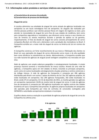 Formulário de Referência - 2012 - LOCALIZA RENT A CAR SA

Versão : 11

7.3 - Informações sobre produtos e serviços relativos aos segmentos operacionais
 
a) Características do processo de produção  
b) Características do processo de distribuição  
 
Aluguel de carros 
 
A  Localiza  administra  sua  atividade  de  aluguel  de  carros  através  de  agências  localizadas  nos 
aeroportos  ou  em  locais  estratégicos  fora  de  aeroportos.  Os  aluguéis  são  realizados  por 
clientes pessoas jurídicas e por clientes pessoas físicas em viagens de negócios ou lazer, para 
atender  às  necessidades  de  aluguel  de  carro  fora  de  suas  cidades  de  residência,  bem  como 
para companhias seguradoras e montadoras, que oferecem carros reserva a seus clientes em 
caso  de  sinistros  ou  avarias  mecânicas  durante  o  período  da  apólice  ou  da  garantia, 
respectivamente.  A  frota  da  divisão  de  aluguel  de  carros  consiste  principalmente  de  carros 
compactos flex‐fuel, em linha com a demanda e com a produção das montadoras no Brasil. A 
Companhia acredita ser a maior rede de aluguel de carros na América do Sul em número de 
agências. 
 
A Companhia construiu um forte reconhecimento  de sua  marca e fidelização dos clientes no 
Brasil  em  suas  operações  de  aluguel  de  carros  oferecendo  carros  novos  e  de  alta  qualidade 
bem  como  eficiência  no  atendimento  ao  cliente.  Adicionalmente,  a  Companhia  acredita  que 
sua rede nacional de agências de aluguel provê vantagem competitiva nos mercados em que 
atua. 
 
Rede  de  agências  com  ampla  cobertura  geográfica  e  estrategicamente  localizadas.  A  ampla 
presença  nacional  aumenta  o  reconhecimento  da  marca  Localiza.  Através  de  uma  rede  de 
agências,  a  Companhia  opera  em  314  cidades  no  Brasil,  incluindo  os  principais  aeroportos, 
assim como em outras localizações estrategicamente situadas próximas a centros comerciais e 
de  tráfego  intenso.  A  rede  de  agências  da  Companhia  é  composta  por  496  agências 
distribuídas pelo Brasil e em outros 7 países da América do Sul. Das 247 agências próprias, 63 
estão  localizadas  em  aeroportos.  Das  249  agências  franqueadas,  202  estão  localizadas  no 
Brasil, sendo 37 em aeroportos. Em 31 de dezembro de 2011, as receitas geradas nas agências 
em  aeroportos  representam  32,0%  da  receita  total  de  aluguel  de  carros.  A  rede  de  agências 
fora de aeroportos é composta por 349 agências localizadas em  regiões centrais das cidades 
brasileiras em que a Companhia está presente. As agências próprias localizadas em aeroportos 
são  operadas  pela  Companhia  por  meio  de  contratos  de  concessões  outorgados  pela 
INFRAERO e autoridades aeroportuárias estaduais e municipais. 
 
O gráfico abaixo mostra a evolução na quantidade de agências próprias de aluguel de carros da 
Companhia nos últimos anos: 
 
 
# de agências
 
 
234
247
214
199
 
178
145
 
+13
117
+20
+15
 
+21
+33
+28
 
 
 
2005
2006
2007
2008
2009
2010
2011
 
Não inclui franqueados
 
 

PÁGINA: 68 de 286

 
