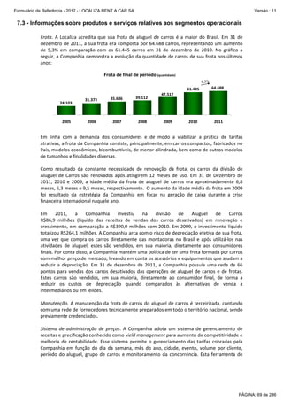Formulário de Referência - 2012 - LOCALIZA RENT A CAR SA

Versão : 11

7.3 - Informações sobre produtos e serviços relativos aos segmentos operacionais
Frota.  A  Localiza  acredita  que  sua  frota  de  aluguel  de  carros  é  a  maior  do  Brasil.  Em  31  de 
dezembro de 2011, a sua frota era composta por 64.688 carros, representando um aumento 
de  5,3%  em  comparação  com  os  61.445  carros  em  31  de  dezembro  de  2010.  No  gráfico  a 
seguir, a Companhia demonstra a evolução da quantidade de carros de sua frota nos últimos 
anos: 
Frota de final de período (quantidade)
5,3%

61.445
24.103

2005

31.373

35.686

39.112

2006

2007

2008

64.688

2010

2011

47.517

2009

 
Em  linha  com  a  demanda  dos  consumidores  e  de  modo  a  viabilizar  a  prática  de  tarifas 
atrativas, a frota da Companhia consiste, principalmente, em carros compactos, fabricados no 
País, modelos econômicos, bicombustíveis, de menor cilindrada, bem como de outros modelos 
de tamanhos e finalidades diversas.  
 
Como  resultado  da  constante  necessidade  de  renovação  da  frota,  os  carros  da  divisão  de 
Aluguel  de  Carros  são  renovados  após  atingirem  12  meses  de  uso.  Em  31  de  Dezembro  de 
2011,  2010  e  2009,  a  idade  média  da  frota  de  aluguel  de  carros  era  aproximadamente  6,8 
meses, 6,3 meses e 9,5 meses, respectivamente.  O aumento da idade média da frota em 2009 
foi  resultado  da  estratégia  da  Companhia  em  focar  na  geração  de  caixa  durante  a  crise 
financeira internacional naquele ano.  
 
Em  2011,  a  Companhia  investiu  na  divisão  de  Aluguel  de  Carros  
R$86,9  milhões  (líquido  das  receitas  de  vendas  dos  carros  desativados)  em  renovação  e 
crescimento, em comparação a R$390,0 milhões com 2010. Em 2009, o investimento líquido 
totalizou R$264,1 milhões. A Companhia arca com o risco de depreciação efetiva de sua frota, 
uma  vez  que  compra  os  carros  diretamente  das  montadoras  no  Brasil  e  após  utilizá‐los  nas 
atividades  de  aluguel,  estes  são  vendidos,  em  sua  maioria,  diretamente  aos  consumidores 
finais. Por conta disso, a Companhia mantém uma política de ter uma frota formada por carros 
com melhor preço de mercado, levando em conta os acessórios e equipamentos que ajudam a 
reduzir  a  depreciação.  Em  31  de  dezembro  de  2011,  a  Companhia  possuía  uma  rede  de  66 
pontos  para  vendas  dos  carros  desativados  das  operações  de  aluguel  de  carros  e  de  frotas. 
Estes  carros  são  vendidos,  em  sua  maioria,  diretamente  ao  consumidor  final,  de  forma  a 
reduzir  os  custos  de  depreciação  quando  comparados  às  alternativas  de  venda  a 
intermediários ou em leilões.  
 
Manutenção. A manutenção da frota de carros do aluguel de carros é terceirizada, contando 
com uma rede de fornecedores tecnicamente preparados em todo o território nacional, sendo 
previamente credenciados. 
 
Sistema  de  administração  de  preços.  A  Companhia  adota  um  sistema  de  gerenciamento  de 
receitas e precificação conhecido como yield management para aumento de competitividade e 
melhoria  de  rentabilidade.  Esse  sistema  permite  o  gerenciamento  das  tarifas  cobradas  pela 
Companhia  em  função  do  dia  da  semana,  mês  do  ano,  cidade,  evento,  volume  por  cliente, 
período  do  aluguel,  grupo  de  carros  e  monitoramento  da  concorrência.  Esta  ferramenta  de 

PÁGINA: 69 de 286

 