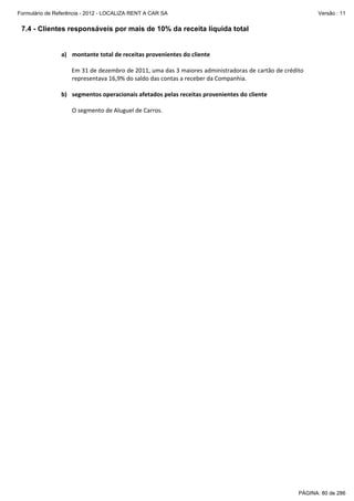 Formulário de Referência - 2012 - LOCALIZA RENT A CAR SA

Versão : 11

7.4 - Clientes responsáveis por mais de 10% da receita líquida total
 
a) montante total de receitas provenientes do cliente 
 
Em 31 de dezembro de 2011, uma das 3 maiores administradoras de cartão de crédito 
representava 16,9% do saldo das contas a receber da Companhia. 
 
b) segmentos operacionais afetados pelas receitas provenientes do cliente 
 
O segmento de Aluguel de Carros. 

PÁGINA: 80 de 286

 