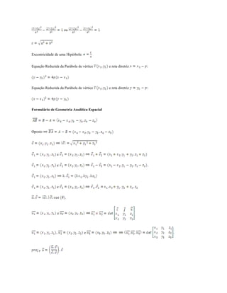 ou




Excentricidade de uma Hipérbole:


Equação Reduzida da Parábola de vértice      e reta diretriz   :




Equação Reduzida da Parábola de vértice      e reta diretriz   :




Formulário de Geometria Analítica Espacial




Oposto




                e

                e                                              .




                e

                       .



                   e




               ,                   e                               .
 