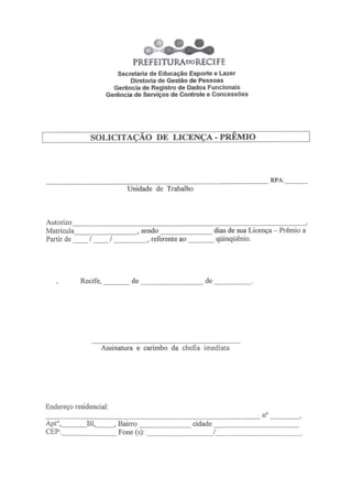 Formulário licença prêmio 2011