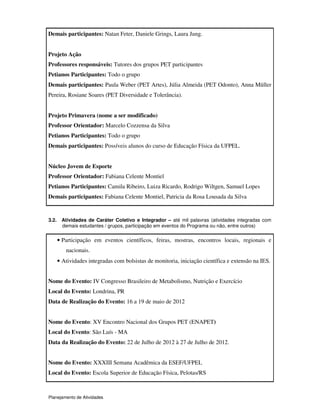 Planejamento de Atividades
Demais participantes: Natan Feter, Daniele Grings, Laura Jung.
Projeto Ação
Professores responsáveis: Tutores dos grupos PET participantes
Petianos Participantes: Todo o grupo
Demais participantes: Paula Weber (PET Artes), Júlia Almeida (PET Odonto), Anna Müller
Pereira, Rosiane Soares (PET Diversidade e Tolerância).
Projeto Primavera (nome a ser modificado)
Professor Orientador: Marcelo Cozzensa da Silva
Petianos Participantes: Todo o grupo
Demais participantes: Possíveis alunos do curso de Educação Física da UFPEL.
Núcleo Jovem de Esporte
Professor Orientador: Fabiana Celente Montiel
Petianos Participantes: Camila Ribeiro, Luiza Ricardo, Rodrigo Wiltgen, Samuel Lopes
Demais participantes: Fabiana Celente Montiel, Patricia da Rosa Lousada da Silva
3.2. Atividades de Caráter Coletivo e Integrador – até mil palavras (atividades integradas com
demais estudantes / grupos, participação em eventos do Programa ou não, entre outros)
• Participação em eventos científicos, feiras, mostras, encontros locais, regionais e
nacionais.
• Atividades integradas com bolsistas de monitoria, iniciação científica e extensão na IES.
Nome do Evento: IV Congresso Brasileiro de Metabolismo, Nutrição e Exercício
Local do Evento: Londrina, PR
Data de Realização do Evento: 16 a 19 de maio de 2012
Nome do Evento: XV Encontro Nacional dos Grupos PET (ENAPET)
Local do Evento: São Luís - MA
Data da Realização do Evento: 22 de Julho de 2012 à 27 de Julho de 2012.
Nome do Evento: XXXIII Semana Acadêmica da ESEF/UFPEL
Local do Evento: Escola Superior de Educação Física, Pelotas/RS
 