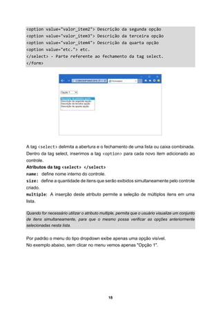 18
<option value="valor_item2"> Descrição da segunda opção
<option value="valor_item3"> Descrição da terceira opção
<option value="valor_item4"> Descrição da quarta opção
<option value="etc."> etc.
</select> - Parte referente ao fechamento da tag select.
</form>
A tag <select> delimita a abertura e o fechamento de uma lista ou caixa combinada.
Dentro da tag select, inserimos a tag <option> para cada novo item adicionado ao
controle.
Atributos da tag <select> </select>
name: define nome interno do controle.
size: define a quantidade de itens que serão exibidos simultaneamente pelo controle
criado.
multiple: A inserção deste atributo permite a seleção de múltiplos itens em uma
lista.
Quando for necessário utilizar o atributo multiple, permita que o usuário visualize um conjunto
de itens simultaneamente, para que o mesmo possa verificar as opções anteriormente
selecionadas nesta lista.
Por padrão o menu do tipo dropdown exibe apenas uma opção visível.
No exemplo abaixo, sem clicar no menu vemos apenas "Opção 1".
 
