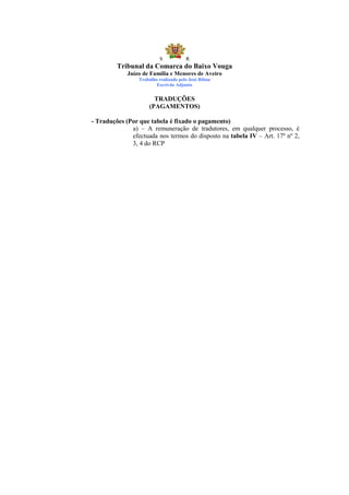 S            R
         Tribunal da Comarca do Baixo Vouga
             Juízo de Família e Menores de Aveiro
                 Trabalho realizado pelo José Ribau
                         Escrivão Adjunto


                       TRADUÇÕES
                     (PAGAMENTOS)

- Traduções (Por que tabela é fixado o pagamento)
              a) – A remuneração de tradutores, em qualquer processo, é
              efectuada nos termos do disposto na tabela IV – Art. 17º nº 2,
              3, 4 do RCP
 