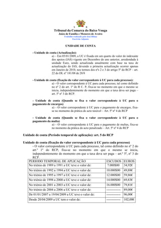 S            R
                       Tribunal da Comarca do Baixo Vouga
                           Juízo de Família e Menores de Aveiro
                               Trabalho realizado pelo José Ribau
                                       Escrivão Adjunto


                                UNIDADE DE CONTA

      - Unidade de conta (Actualização):
                     a) – Em 05/01/2009, a UC é fixada em um quarto do valor do indexante
                     dos apoios (IAS) vigente em Dezembro do ano anterior, arredondada à
                     unidade Euro, sendo actualizada anualmente com base na taxa de
                     actualização do IAS, devendo a primeira actualização ocorrer apenas
                     em Janeiro de 2010, nos termos dos nºs 2 e 3 do artigo 5º do RCP – art.
                     22 do DL nº 181/08 de 28/8

      - Unidade de conta (fixação do valor correspondente à UC para cada processo):
                     a) - O valor correspondente à UC para cada processo, tal como definido
                     no nº 2 do art. 1º do R C. P, fixa-se no momento em que o mesmo se
                     inicia, independentemente do momento em que a taxa deva ser paga –
                     art. 5º nº 3 do RCP.

      - Unidade de conta (Quando se fixa o valor correspondente à UC para o
      pagamento de encargos)
                    a) – O valor correspondente à UC para o pagamento de encargos, fixa-
                   se no momento da prática do acto taxável – Art. 5º nº 4 do RCP

      - Unidade de conta (Quando se fixa o valor correspondente à UC para o
      pagamento da multa)
                   a) – O valor correspondente à UC para o pagamento de multas, fixa-se
                   no momento da prática do acto penalizado – Art. 5º nº 4 do RCP

Unidade de conta (Período temporal de aplicação): art. 5 do RCP

Unidade de conta (fixação do valor correspondente à UC para cada processo)
      - O valor correspondente à UC para cada processo, tal como definido no nº 2 do
      art.º 1º do RCP, fixa-se no momento em que o mesmo se inicia,
      independentemente do momento em que a taxa deva ser paga – art.º 5º, nº 3 do
      RCP.
   PERIODO TEMPORAL DE APLICAÇÃO                             ESCUDOS EUROS
   No triénio de 1989 a 1991 a UC teve o valor de:            7.000$00 34,92€
    No triénio de 1992 a 1994 a UC teve o valor de:                 10.000$00       49,88€
    No triénio de 1995 a 1997 a UC teve o valor de:                 12.000$00       59,86€
    No triénio de 1998 a 2000 a UC teve o valor de:                 14.000$00       69,83€
    No triénio de 2001 a 2003 a UC teve o valor de:                 16.000$00       79,81€
    No triénio de 2004 a 2006 a UC teve o valor de:                 -------------   89,00€
    De 01/01/2007 a 19/04/2009 a UC teve o valor de:                -------------   96,00€
    Desde 20/04/2009 a UC tem o valor de:                           -------------   102,00€
 