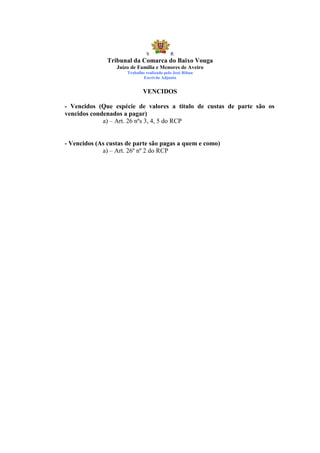 S            R
               Tribunal da Comarca do Baixo Vouga
                  Juízo de Família e Menores de Aveiro
                      Trabalho realizado pelo José Ribau
                              Escrivão Adjunto


                              VENCIDOS

- Vencidos (Que espécie de valores a titulo de custas de parte são os
vencidos condenados a pagar)
             a) – Art. 26 nºs 3, 4, 5 do RCP


- Vencidos (As custas de parte são pagas a quem e como)
             a) – Art. 26º nº 2 do RCP
 
