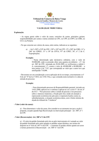 S            R
                        Tribunal da Comarca do Baixo Vouga
                             Juízo de Família e Menores de Aveiro
                                 Trabalho realizado pelo José Ribau
                                         Escrivão Adjunto


                              VALOR (BASE TRIBUTÁRIA)

Explanação:

       - As regras gerais sobre o valor da causa, conceitos de custas, principios geriam,
       responsabilidades por custas e outras constam no CPC, no CPP, no CPPT, no CIRE, no
       CCJ e na Portaria

       - No que concerne aos valores da causa, entre outras, indicam-se as seguintes:

               a) – Art.ºs 305º a 319º do CPC; 120º e 185º do CPT; 15º e 302º do CIRE; 11º e
                  246º do CPREF; 31º a 34º do CPTA; 97º do CPRT; 38º, nº 2 do C.
                  Expropriações.

               Exemplo:
                     - Numa determinada ação declarativa ordinária, com o valor de
                     50.000,00€, onde se pretende obter uma quantia em dinheiro – nº 1 do
                     art. 306º do CPC, intentada em 20-04-2009, se verificarmos a tabela I-
                     A, concretamente 1.7, consta o valor de 40.000,00€ a 60.000,00€ – a
                     taxa justiça é de 7 UC, que corresponde ao valor que o autor teve que
                     autoliquidar 714,00€.

       - Deveremos ter em consideração a nova aplicação da lei no tempo, concretamente o nº
       6 do art.º 8º da Lei 7/2012, de 13/02. Pois, o que comanda neste normativo é a data de
       entrada do processo.

               Exemplo:

                       - Num determinado processo de Responsabilidade parental, iniciado em
                       14-01-2008, aplicava-se e continua a aplicar-se a al. a) do nº 1 do art. 6º
                       do CCJ – “Nos processos sobre o estado de pessoas e nos processos
                       sobre o interesse imateriais, o fixado pelo Juiz, tendo em atenção a
                       repercussão económica da ação para o responsável pelas custas ou,
                       subsidiariamente, a situação económica deste, com o limite mínimo da
                       alçada do tribunal da 1ª instância”

- Valor (valor da causa):

       a) – Para determinar o valor da causa, deve atender-se ao momento em que a acção é
       proposta, excepto quando haja Reconvenção ou intervenção principal – art. 308º, nº 1
       do CPC

- Valor (Reconvenção): Art. 308º nº 2 do CPC

       a) – O valor do pedido formulado pelo réu ou pelo interveniente só é somado ao valor
       do pedido formulado pelo autor quando os pedidos sejam distintos, nos termos do
       disposto no nº 4 do art. 447º-A do CPC – o aumento só produz efeitos quanto aos actos
       e termos posteriores à Reconvenção – art. 308º nº 3 do CPC
 