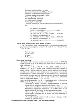 Regulação Responsabilidades Parentais
                        Incumprimento das Responsabilidades Parentais
                        Alterações das Responsabilidades Parentais
                        Atribuição da Casa de Morada de Família
                        Ac. Investigação Paternidade
                        Ac. Impugnação de Perfilhação
                        Ac. Anulação de Perfilhação
                        Ac. Interdição e Inabilitação
                        Conversão de Separação Judicial de Pessoas e Bens em Divorcio
                        Etc.

                                Para processos iniciados até:
                                - Até 31-12-2003 o valor é…………………….40UC
                                Para processos iniciados a partir de:
                                - De 01-01-2004 até 31-12-2007 o valor é…….3.740,98€
                                Para processos iniciados a partir de:
                                - De 01-01-2008 até 19-04-2009 o valor é…….5.000,00€
                                Para processos iniciados a partir de:
                                - De 20-04-2012 até……………………………30.000,01€

        Conta de custas (Execuções por custas, multas ou coimas)
               1º Nas Execuções por custas, multas ou coimas o executado é responsável pelo
               pagamento da taxa de justiça nos termos da tabela II – nº 5 do art. 7º (Lei
               7/2012 de 13/02).

                        Na conta pagam:
                        1 – Taxa justiça
                        2 – Juros
                        3 – Encargos

       Conta custas (provisória)
               - Deixa de se elaborar a conta provisória, anteriormente prevista no RCP (nº 3
               do art.º 29º do RCP (DL nº 34/2008 de 26/02) e nas diversas versões do CCJ (al.
               b) do nº 2 do art.º 51º.
               - Nos termos do nº 6 do art.º 7º da Portaria 419-A/2009, de 26/02, alterado pela
               portaria 82/2012, de 29/03, quando ocorra a deserção da instância, compete às
               partes, solicitar a elaboração da conta. Note-se que nos processos que devam ser
               remetidos para arquivo, os saldos existentes nos processos, nos termos da lei,
               revertem para o IGFIJ-IP, sem prejuízo de posterior reposição e devolução a
               requerimento das partes que a ele tenham direito, sem prejuízo da prescrição a
               que se refere o nº 1 do art.º 37º do RCP – al. l) do art.º 36º portaria 419-A/2009,
               de 17/04, alterada pela portaria 82/2012, de 13/02.
               - Ou seja, nos termos do art.º 291º do CPC, na redacção do DL nº 303/2007, de
               24/08, aplicável aos processos iniciados em 01/01/2008:
                        - Considera-se deserta a instância, independentemente de qualquer
                        decisão judicial, quando esteja interrompida durante 2 anos;
                        - Os recursos consideram-se desertos, quando o recorrente não tenha
                        apresentado a alegação, nos termos do nº 2 do art.º 684~-B do CPC, ou
                        quando, por inércia sua estejam parados durante mais de 1 ano;
                        - Tendo surgido algum incidente com efeito suspensivo, o recurso é
                        julgado deserto se decorrer mais de um ano sem que se promovam os
                        termos do incidente;
                        - A deserção é julgada no tribunal onde se verifique a falta, por simples
                        despacho do juiz ou do relator.
- Conta custas (juros nas contas não pagas – com multas e penalidades)
 