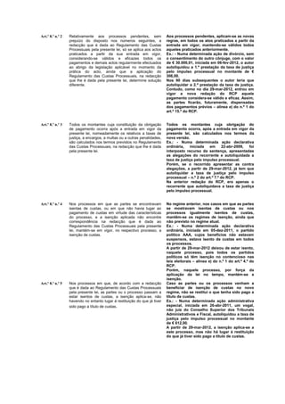Art.º 8.º n.º 2   Relativamente aos processos pendentes, sem               Aos processos pendentes, aplicam-se as novas
                  prejuízo do disposto nos números seguintes, a            regras, em todos os atos praticados a partir da
                  redacção que é dada ao Regulamento das Custas            entrada em vigor, mantendo-se válidos todos
                  Processuais pela presente lei, só se aplica aos actos    aqueles praticados anteriormente.
                  praticados a partir da sua entrada em vigor,             Ex.: - Numa determinada ação de divórcio, sem
                  considerando-se válidos e eficazes todos os              o consentimento do outro cônjuge, com o valor
                  pagamentos e demais actos regularmente efectuados        de € 30.000,01, iniciada em 06-fev-2012, o autor
                  ao abrigo da legislação aplicável no momento da          autoliquidou a 1.ª prestação da taxa de justiça
                  prática do acto, ainda que a aplicação do                pelo impulso processual no montante de €
                  Regulamento das Custas Processuais, na redacção          306,00.
                  que lhe é dada pela presente lei, determine solução      Nos 90 dias subsequentes o autor teria que
                  diferente.                                               autoliquidar a 2.ª prestação da taxa de justiça.
                                                                           Contudo, como no dia 29-mar-2012, entrou em
                                                                           vigor a nova redação do RCP aquele
                                                                           pagamento considera-se válido e eficaz. Assim,
                                                                           as partes ficarão, futuramente, dispensadas
                                                                           dos pagamentos prévios – alínea e) do n.º 1 do
                                                                           art.º 15.º do RCP.


Art.º 8.º n.º 3   Todos os montantes cuja constituição da obrigação        Todos os montantes cuja obrigação do
                  de pagamento ocorra após a entrada em vigor da           pagamento ocorra, após a entrada em vigor da
                  presente lei, nomeadamente os relativos a taxas de       presente lei, são calculados nos termos da
                  justiça, a encargos, a multas ou a outras penalidades,   nova versão.
                  são calculados nos termos previstos no Regulamento       Ex.: - Numa determinada ação declarativa
                  das Custas Processuais, na redacção que lhe é dada       ordinária, iniciada em 22-abr-2009,         foi
                  pela presente lei.                                       interposto recurso da sentença, apresentadas
                                                                           as alegações do recorrente e autoliquidada a
                                                                           taxa de justiça pelo impulso processual.
                                                                           Porém, se o recorrido apresentar as contra
                                                                           alegações, a partir de 29-mar-2012, já tem que
                                                                           autoliquidar a taxa de justiça pelo impulso
                                                                           processual – n.º 2 do art.º 7.º do RCP.
                                                                           Na anterior redação do RCP, era apenas o
                                                                           recorrente que autoliquidava a taxa de justiça
                                                                           pelo impulso processual.


Art.º 8.º n.º 4   Nos processos em que as partes se encontravam            No regime anterior, nos casos em que as partes
                  isentas de custas, ou em que não havia lugar ao          se mostravam isentas de custas ou nos
                  pagamento de custas em virtude das características       processos igualmente isentos de custas,
                  do processo, e a isenção aplicada não encontre           mantêm-se os regimes de isenção, ainda que
                  correspondência na redacção que é dada ao                não previsto no regime atual.
                  Regulamento das Custas Processuais pela presente         Ex.: - Numa determinada ação declarativa
                  lei, mantém-se em vigor, no respectivo processo, a       ordinária, iniciada em 05-dez-2011, o partido
                  isenção de custas.                                       político AAA, cujos benefícios não estavam
                                                                           suspensos, estava isento de custas em todos
                                                                           os processos.
                                                                           A partir de 29-mar-2012 deixou de estar isento,
                                                                           naquele processo, pois todos os partidos
                                                                           políticos só têm isenção no contencioso nas
                                                                           leis eleitorais – alínea e) do n.º 1 do art.º 4.º do
                                                                           RCP.
                                                                           Porém, naquele processo, por força da
                                                                           aplicação da lei no tempo, mantém-se a
                                                                           isenção.
Art.º 8.º n.º 5   Nos processos em que, de acordo com a redacção           Caso as partes ou os processos venham a
                  que é dada ao Regulamento das Custas Processuais         beneficiar de isenção de custas no novo
                  pela presente lei, as partes ou o processo passam a      regime, não se restitui o que tenha sido pago a
                  estar isentos de custas, a isenção aplica-se, não        título de custas.
                  havendo no entanto lugar à restituição do que já tiver   Ex.: - Numa determinada ação administrativa
                  sido pago a título de custas.                            especial, iniciada em 26-abr-2011, um vogal,
                                                                           não juiz do Conselho Superior dos Tribunais
                                                                           Administrativos e Fiscal, autoliquidou a taxa de
                                                                           justiça pelo impulso processual no montante
                                                                           de € 612,00.
                                                                           A partir de 29-mar-2012, a isenção aplica-se a
                                                                           este processo, mas não há lugar à restituição
                                                                           do que já tiver sido pago a título de custas.
 