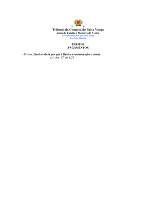 S            R
                        Tribunal da Comarca do Baixo Vouga
                           Juízo de Família e Menores de Aveiro
                                Trabalho realizado pelo José Ribau
                                        Escrivão Adjunto


                                       PERITOS
                                    (PAGAMENTOS)

- Peritos (Qual a tabela por que é fixada a remuneração e como)
                        a) – Art. 17º do RCP
 