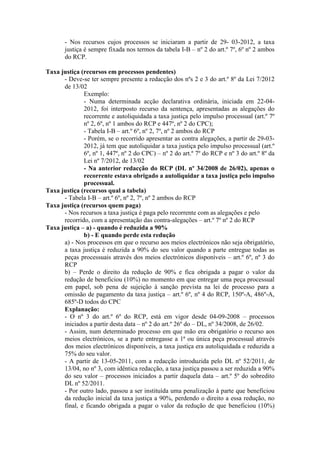 - Nos recursos cujos processos se iniciaram a partir de 29- 03-2012, a taxa
       justiça é sempre fixada nos termos da tabela I-B – nº 2 do art.º 7º, 6º nº 2 ambos
       do RCP.

Taxa justiça (recursos em processos pendentes)
      - Deve-se ter sempre presente a redacção dos nºs 2 e 3 do art.º 8º da Lei 7/2012
      de 13/02
              Exemplo:
              - Numa determinada acção declarativa ordinária, iniciada em 22-04-
              2012, foi interposto recurso da sentença, apresentadas as alegações do
              recorrente e autoliquidada a taxa justiça pelo impulso processual (art.º 7º
              nº 2, 6º, nº 1 ambos do RCP e 447º, nº 2 do CPC);
              - Tabela I-B – art.º 6º, nº 2, 7º, nº 2 ambos do RCP
              - Porém, se o recorrido apresentar as contra alegações, a partir de 29-03-
              2012, já tem que autoliquidar a taxa justiça pelo impulso processual (art.º
              6º, nº 1, 447º, nº 2 do CPC) – nº 2 do art.º 7º do RCP e nº 3 do art.º 8º da
              Lei nº 7/2012, de 13/02
              - Na anterior redacção do RCP (DL nº 34/2008 de 26/02), apenas o
              recorrente estava obrigado a autoliquidar a taxa justiça pelo impulso
              processual.
Taxa justiça (recursos qual a tabela)
      - Tabela I-B – art.º 6º, nº 2, 7º, nº 2 ambos do RCP
Taxa justiça (recursos quem paga)
      - Nos recursos a taxa justiça é paga pelo recorrente com as alegações e pelo
      recorrido, com a apresentação das contra-alegações – art.º 7º nº 2 do RCP
Taxa justiça – a) - quando é reduzida a 90%
              b) - E quando perde esta redução
      a) - Nos processos em que o recurso aos meios electrónicos não seja obrigatório,
      a taxa justiça é reduzida a 90% do seu valor quando a parte entregue todas as
      peças processuais através dos meios electrónicos disponíveis – art.º 6º, nº 3 do
      RCP
      b) – Perde o direito da redução de 90% e fica obrigada a pagar o valor da
      redução de beneficiou (10%) no momento em que entregar uma peça processual
      em papel, sob pena de sujeição à sanção prevista na lei de processo para a
      omissão de pagamento da taxa justiça – art.º 6º, nº 4 do RCP, 150º-A, 486º-A,
      685º-D todos do CPC
      Explanação:
      - O nº 3 do art.º 6º do RCP, está em vigor desde 04-09-2008 – processos
      iniciados a partir desta data – nº 2 do art.º 26º do – DL, nº 34/2008, de 26/02.
      - Assim, num determinado processo em que mão era obrigatório o recurso aos
      meios electrónicos, se a parte entregasse a 1ª ou única peça processual através
      dos meios electrónicos disponíveis, a taxa justiça era autoliquidada e reduzida a
      75% do seu valor.
      - A partir de 13-05-2011, com a redacção introduzida pelo DL nº 52/2011, de
      13/04, no nº 3, com idêntica redacção, a taxa justiça passou a ser reduzida a 90%
      do seu valor – processos iniciados a partir daquela data – art.º 5º do sobredito
      DL nº 52/2011.
      - Por outro lado, passou a ser instituída uma penalização à parte que beneficiou
      da redução inicial da taxa justiça a 90%, perdendo o direito a essa redução, no
      final, e ficando obrigada a pagar o valor da redução de que beneficiou (10%)
 