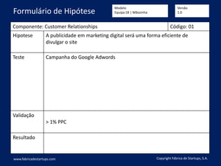 Componente: Customer Relationships Código: 01
Hipotese A publicidade em marketing digital será uma forma eficiente de
divulgar o site
Teste Campanha do Google Adwords
Validação
> 1% PPC
Resultado
www.fabricadestartups.com Copyright Fábrica de Startups, S.A.
Formulário de Hipótese
Modelo
Equipa 18 | Mãozinha
Versão
1.0
 