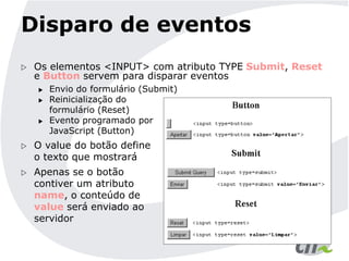 Disparo de eventos
 Os elementos <INPUT> com atributo TYPE Submit, Reset
e Button servem para disparar eventos
 Envio do formulário (Submit)
 Reinicialização do
formulário (Reset)
 Evento programado por
JavaScript (Button)
 O value do botão define
o texto que mostrará
 Apenas se o botão
contiver um atributo
name, o conteúdo de
value será enviado ao
servidor
 