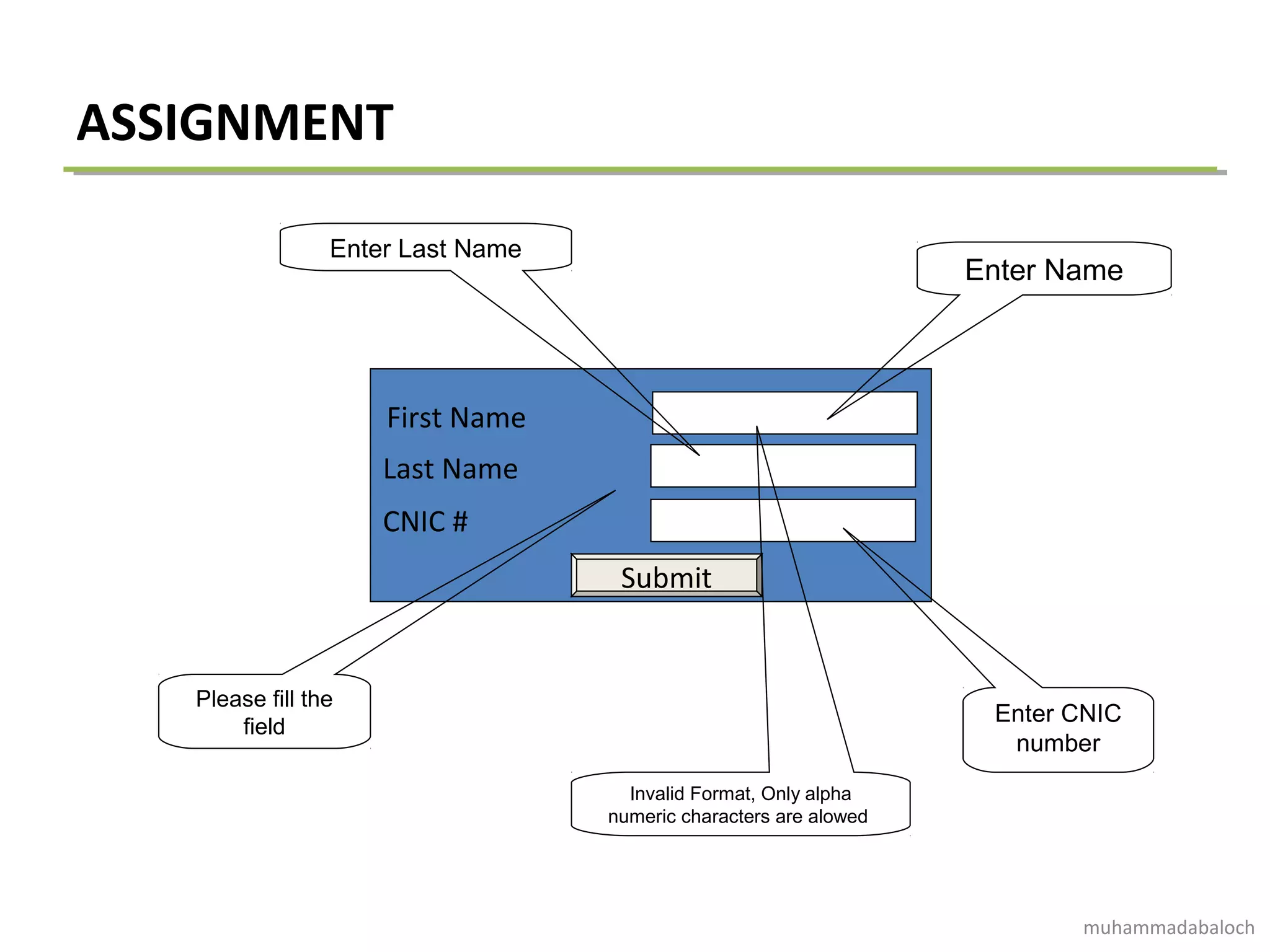 ASSIGNMENT
Submit
First Name
Last Name
CNIC #
Enter Last Name
Enter Name
Enter CNIC
number
Invalid Format, Only alpha
numeric characters are alowed
Please fill the
field
muhammadabaloch
 