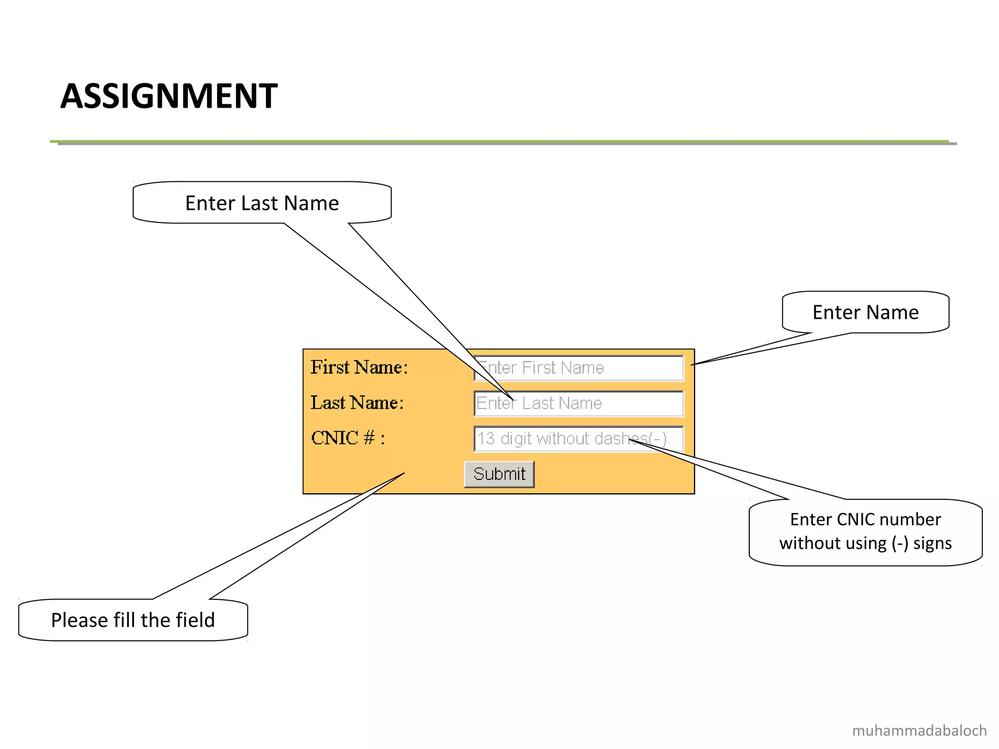 ASSIGNMENT
Enter Last Name
Enter Name
Please fill the field
Enter CNIC number
without using (-) signs
muhammadabaloch
 