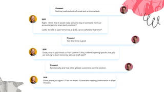 Functionality and how other globals customers use the solution.
Prospect
Great, what is your email so I can confirm? Also, is there anything specific that you
are looking to learn tomorrow so I can brief Julie?
SDR
Yes, that time is good.
Prospect
Right. I think that it would make sense to loop in someone from our
accounts team to share best practices?
Looks like she is open tomorrow at 2:30, can we schedule that time?
Nothing really outside of email and an internal wiki.
SDR
Prospect
Great, thank you again! I’ll let her know. I’ll send the meeting confirmation in a few
minutes.
SDR
 
