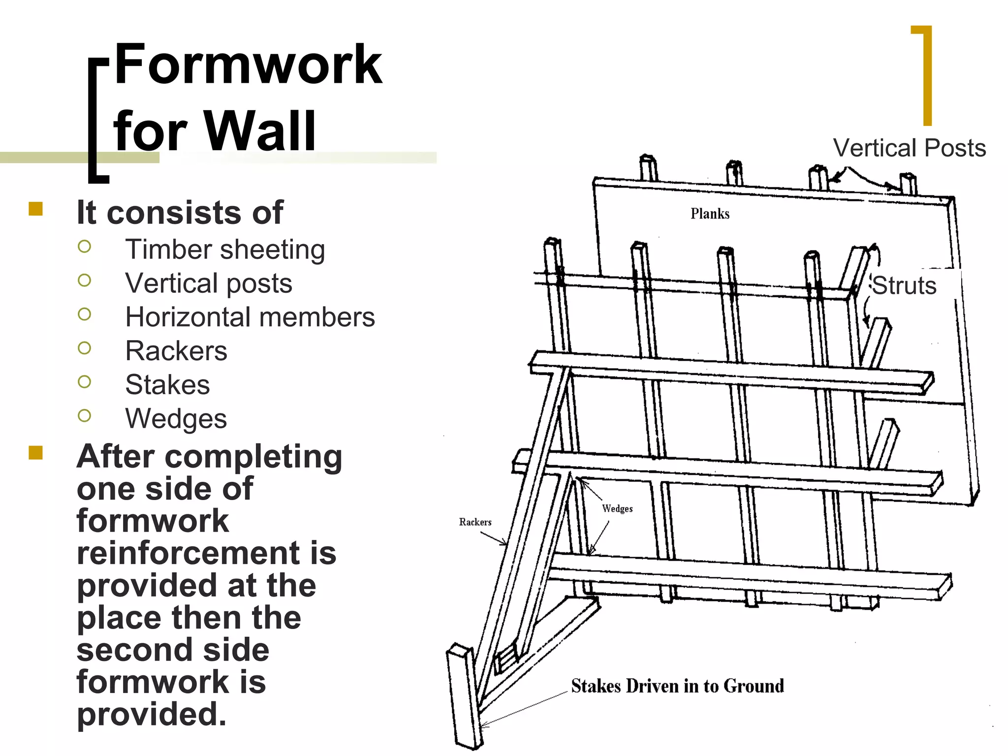 Formwork
for Wall
 It consists of
 Timber sheeting
 Vertical posts
 Horizontal members
 Rackers
 Stakes
 Wedges
 After completing
one side of
formwork
reinforcement is
provided at the
place then the
second side
formwork is
provided.
Vertical Posts
Struts
 