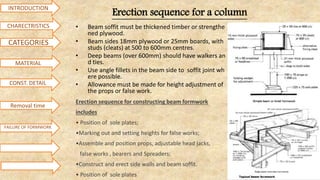 Erection sequence for a column
• Beam soffit must be thickened timber or strengthe
ned plywood.
• Beam sides 18mm plywood or 25mm boards, with
studs (cleats) at 500 to 600mm centres.
• Deep beams (over 600mm) should have walkers an
d ties.
• Use angle fillets in the beam side to soffit joint wh
ere possible.
• Allowance must be made for height adjustment of
the props or false work.
Erection sequence for constructing beam formwork
includes
• Position of sole plates;
•Marking out and setting heights for false works;
•Assemble and position props, adjustable head jacks,
false works , bearers and Spreaders;
•Construct and erect side walls and beam soffit.
• Position of sole plates
INTRODUCTION
CATEGORIES
MATERIAL
CHARECTRISTICS
CONST. DETAIL
FAILURE OF FORMWORK
Removal time
 