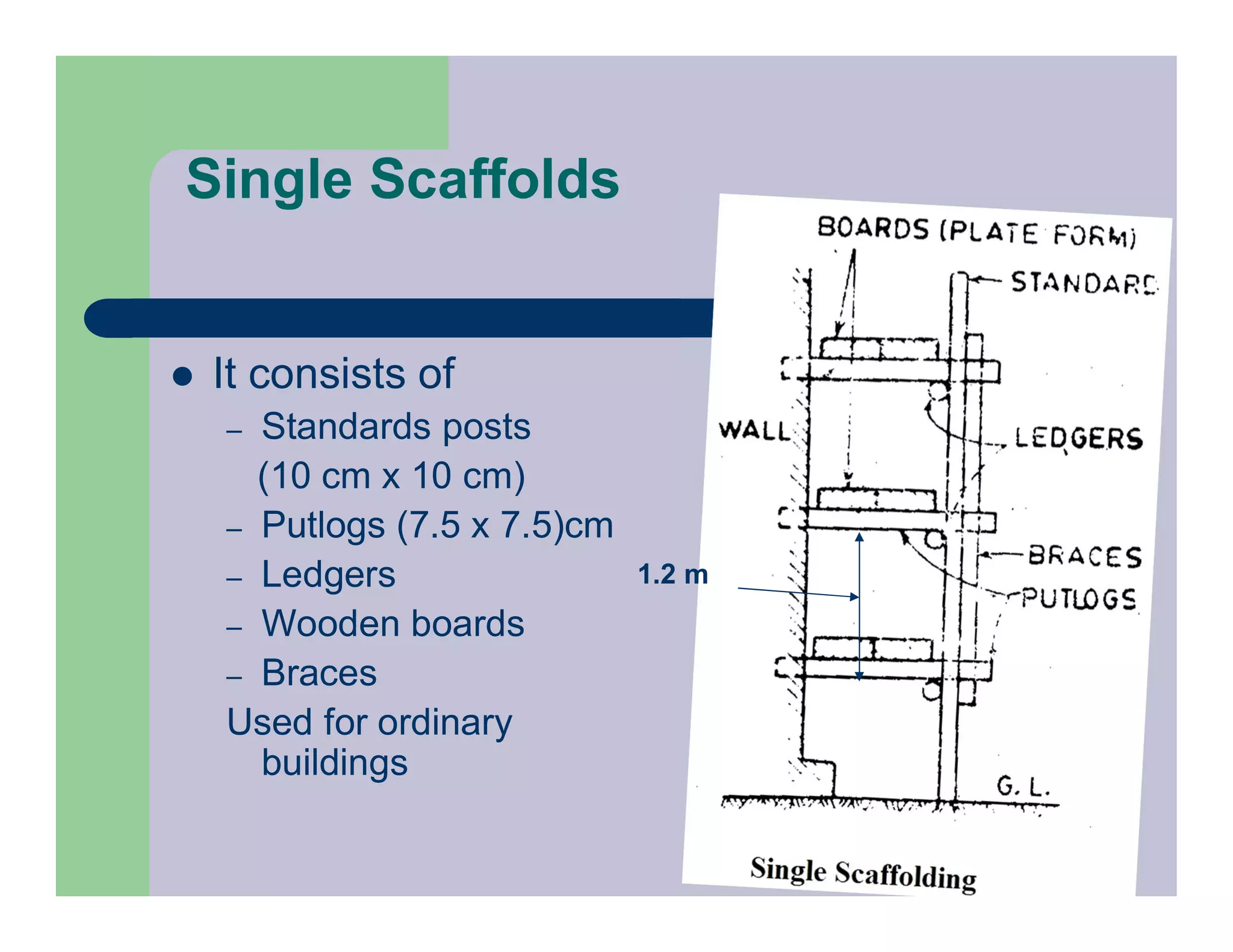 Single Scaffolds
 It consists of
– Standards posts
(10 cm x 10 cm)
– Putlogs (7.5 x 7.5)cm
– Ledgers
– Wooden boards
– Braces
Used for ordinary
buildings
1.2 m
 