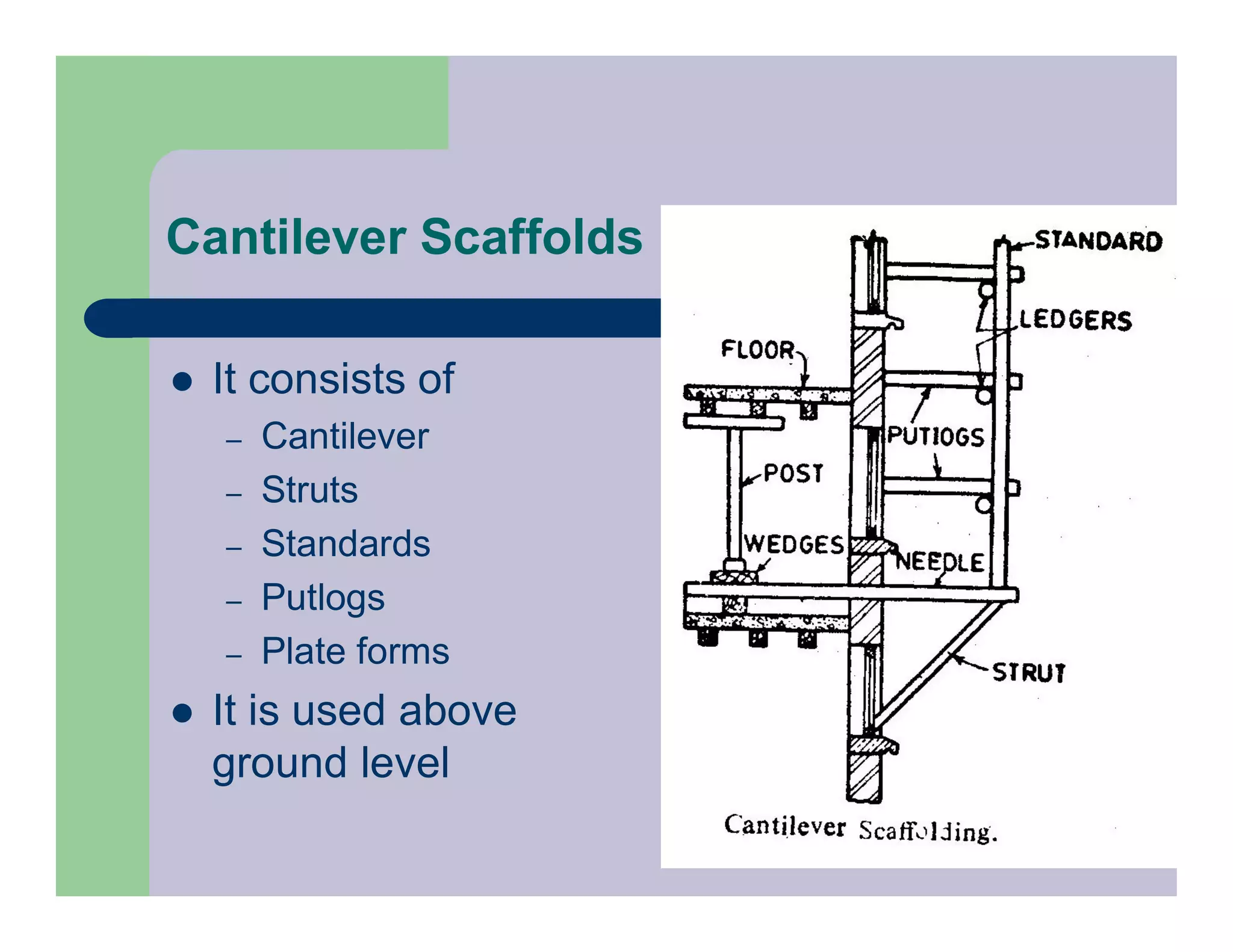 Cantilever Scaffolds
 It consists of
– Cantilever
– Struts
– Standards
– Putlogs
– Plate forms
 It is used above
ground level
 