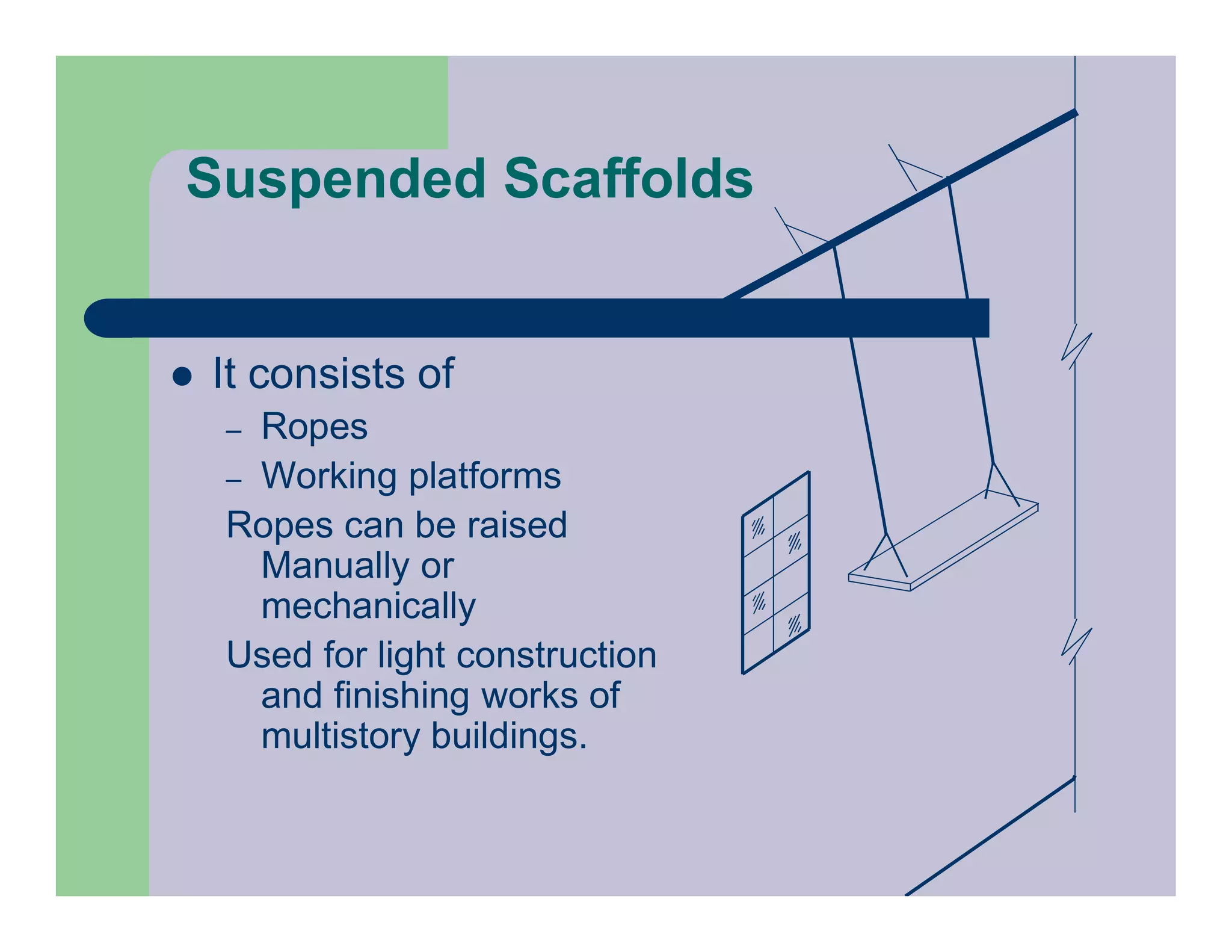 Suspended Scaffolds
 It consists of
– Ropes
– Working platforms
Ropes can be raised
Manually or
mechanically
Used for light construction
and finishing works of
multistory buildings.
 