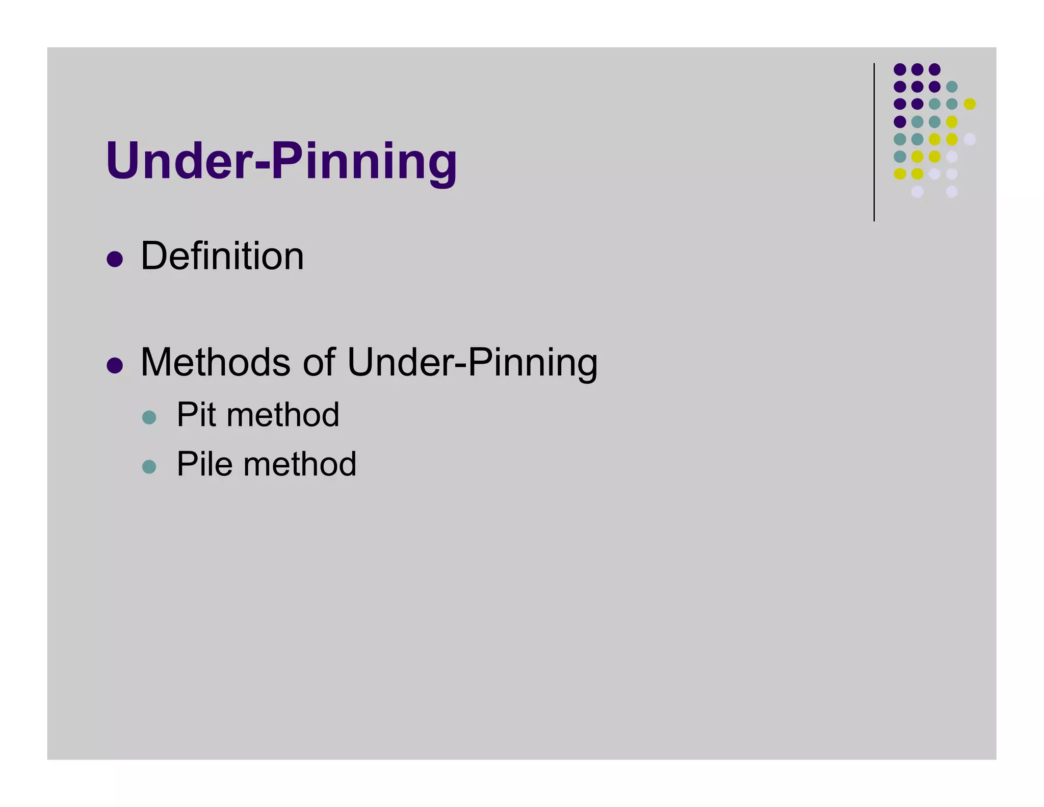 Under-Pinning
 Definition
 Methods of Under-Pinning
 Pit method
 Pile method
 