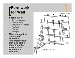 Formwork
for Wall
 It consists of
 Timber sheeting
 Vertical posts
 Horizontal members
 Rackers
 Stakes
 Wedges
 After completing
one side of
formwork
reinforcement is
provided at the
place then the
second side
formwork is
provided.
Vertical Posts
Struts
 