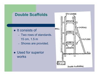 Double Scaffolds
 It consists of
– Two rows of standards.
15 cm, 1.5 m
– Shores are provided.
 Used for superior
works
 