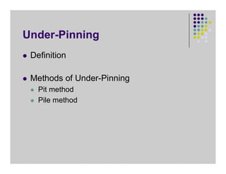 Under-Pinning
 Definition
 Methods of Under-Pinning
 Pit method
 Pile method
 