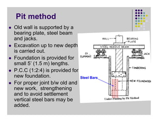 Pit method
 Old wall is supported by a
bearing plate, steel beam
and jacks.
 Excavation up to new depth
is carried out.
 Foundation is provided for
small 5’ (1.5 m) lengths.
 P.C.C (1:2:4) is provided for
new foundation.
 For proper joint b/w old and
new work, strengthening
and to avoid settlement
vertical steel bars may be
added.
Steel Bars
 