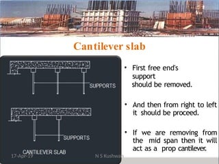 • First free end's
support
should be removed.
• And then from right to left
it should be proceed.
• If we are removing from
the mid span then it will
act as a prop cantilever
.
Cantilever slab
17-Apr-19 N S Kushwah
 