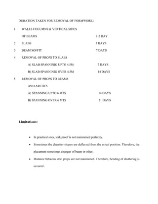 DURATION TAKEN FOR REMOVAL OF FORMWORK:
1 WALLS COLUMNS & VERTICAL SIDES
OF BEAMS 1-2 DAY
2 SLABS 3 DAYS
3 BEAM SOFFIT 7 DAYS
4 REMOVAL OF PROPS TO SLABS
A) SLAB SPANNINIG UPTO 4.5M 7 DAYS
B) SLAB SPANNINIG OVER 4.5M 14 DAYS
5 REMOVAL OF PROPS TO BEAMS
AND ARCHES
A) SPANNING UPTO 6 MTS 14 DAYS
B) SPANNING OVER 6 MTS 21 DAYS
Limitations:
 In practical sites, leak proof is not maintained perfectly.
 Sometimes the chamber shapes are deflected from the actual position. Therefore, the
placement sometimes changes of beam or other.
 Distance between steel props are not maintained. Therefore, bending of shuttering is
occured .
 