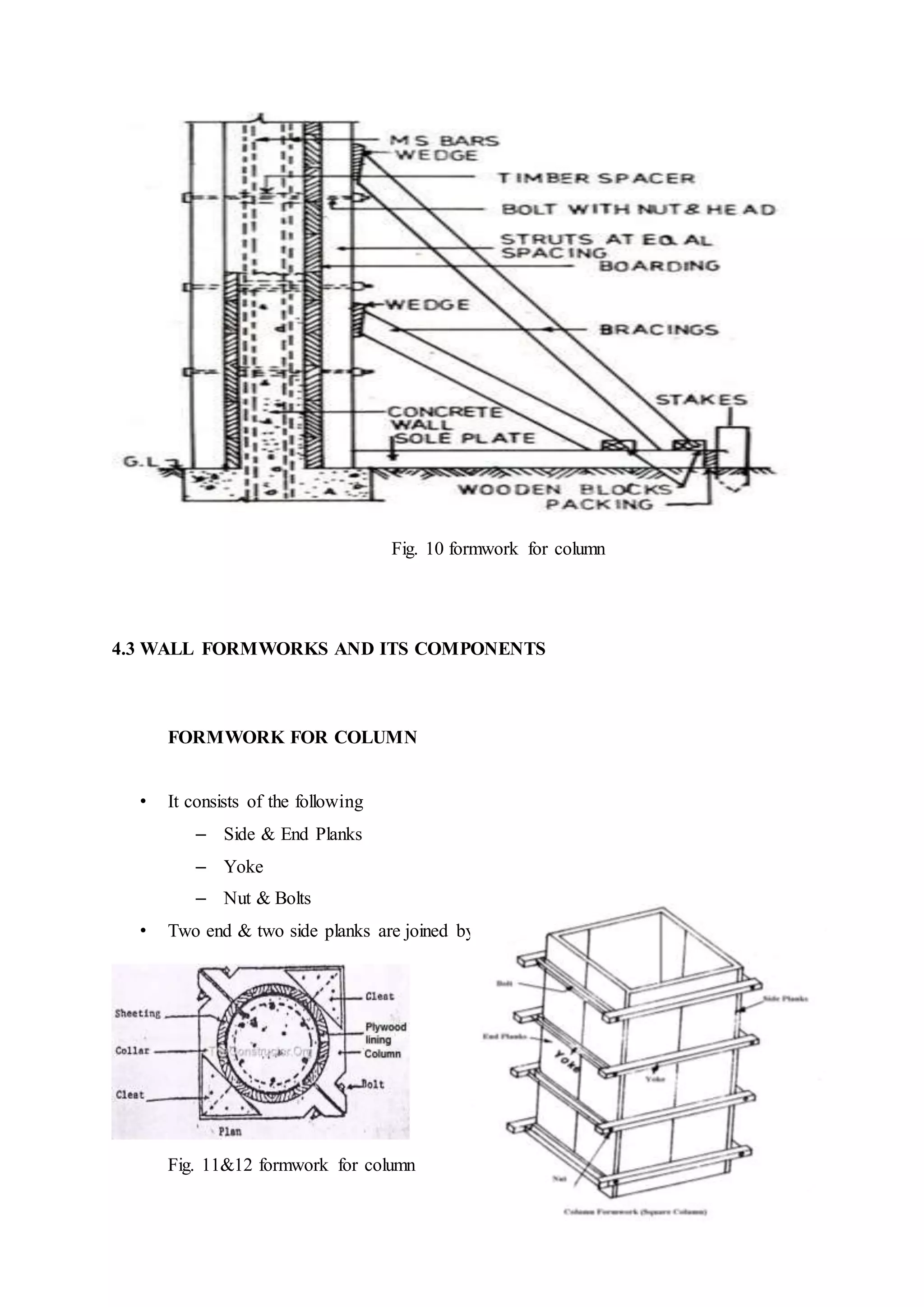 Fig. 10 formwork for column
4.3 WALL FORMWORKS AND ITS COMPONENTS
FORMWORK FOR COLUMN
• It consists of the following
– Side & End Planks
– Yoke
– Nut & Bolts
• Two end & two side planks are joined by the yokes and bolts.
Fig. 11&12 formwork for column
 