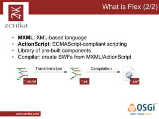 What is Flex (2/2)



•    MXML: XML-based language
•    ActionScript: ECMAScript-compliant scripting
•    Library of pre-built components
•    Compiler: create SWFs from MXML/ActionScript




    www.zenika.com
 