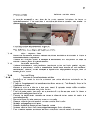 27
Pintura queimada Refratário com falha interna
A inspeção termográfica para detecção de pontos quentes, indicativos de danos no
isolamento/refratário. É recomendável a sua aplicação antes de paradas, para auxiliar no
planejamento da intervenção.
Chapa do piso com desprendimento da pintura
Vista da falha na chapa do piso por superaquecimento
7.3.3.2 Vigas / Longarinas / Base
Inspecionar visualmente avaliando o estado da pintura, a existência de corrosão, a fixação e
estabilidade desses componentes.
Verificar as fundações quanto a recalques e estufamento e/ou rompimento da base de
concreto e exposição da ferragem à corrosão.
7.3.3.3 Escadas e plataformas
Verificar visualmente as condições físicas das chapas, pontos de fixação, grades, degraus,
estrutura e guarda-corpo, quanto à existência de partes soltas, frouxas ou mal instaladas,
deformações, corrosão, trincas, vibrações e regiões com empoçamento de água, além do
estado geral da pintura.
7.3.3.4 Suportes Móveis
7.3.3.4.1 Suportes de Carga Constante e Variável
Interferência ao curso do suporte provocada por outros elementos estruturais ou da
tubulação;
 Existência de deslocamento do suporte em relação ao seu apoio; Posição dentro do curso de
trabalho especificado;
 Fixação do suporte a linha ou a sua base, quanto à corrosão, trincas, soldas rompidas,
deformações permanentes e estado dos tirantes;
 Estado da mola quanto à corrosão, espaçamento uniforme das espiras, sinais de trincas e
encosto adequado das extremidades;
 Plaqueta de identificação, plaquetas de cargas e régua de curso, quanto ao estado e a
correta localização;
 Discos de ajuste da mola, quanto ao empeno e corrosão;
 Caixa de proteção da mola quanto à corrosão ou outra deterioração;
 Se todas as travas foram removidas;
 Situação da lubrificação das articulações e das roscas;
 Se ainda há curso disponível nos componentes roscados (luvas e tirantes);
 Para o caso de suportes geminados, verificar a posição do curso de trabalho de ambos.
 